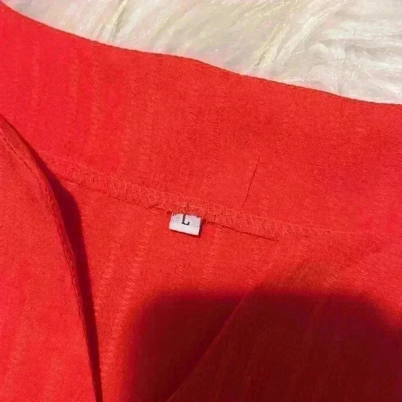 Women’s Red Pinstripe Linen V-Neck Size Large Short Sleeve Blouse - Picture 2 of 7